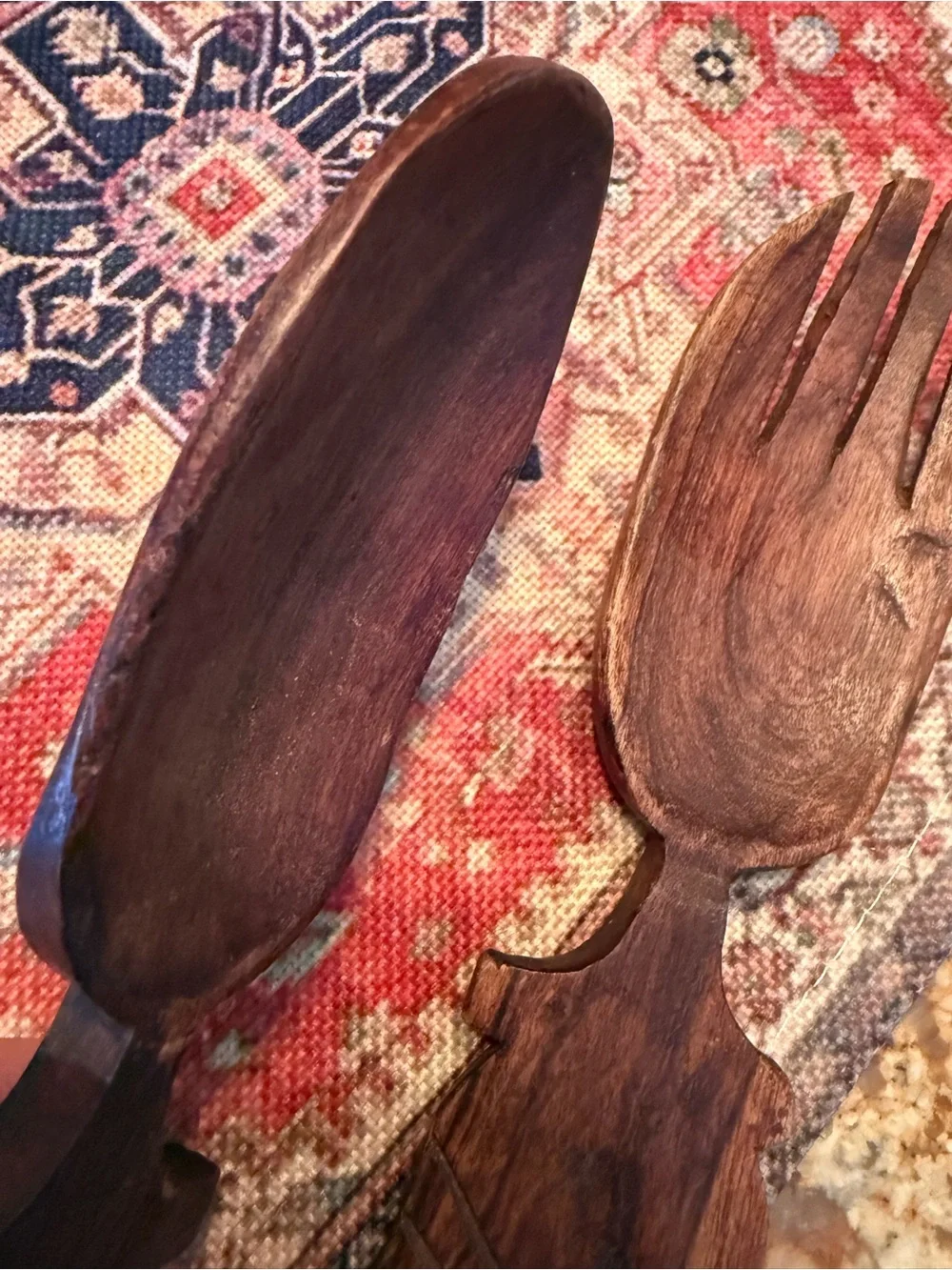 Wooden Salad Spoon Fork Set Utensil Hand Carved 12 Inch